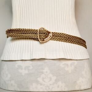 Handmade Crochet Belt One Size Gold Tone Cord And Heart-Shape Faux Pearl Buckle